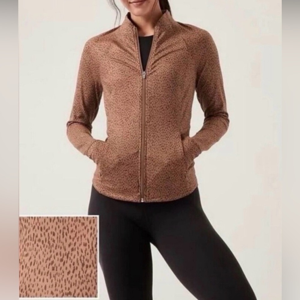 Athleta Salutation Jacket Leopard Print brown in size small NWT